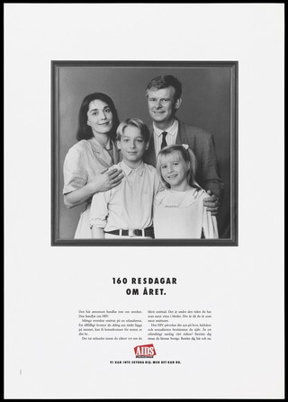 A framed family portrait with text below about the importance of being faithful to partners. Colour lithograph by Garbergs, ca. 1995.