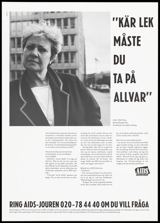 Annie Söderberg, a social worker in Stockholm and a pioneer in addiction treatment; with the message in Swedish 'You must take the love game seriously'. Lithograph by Ted Bates, ca. 1995.