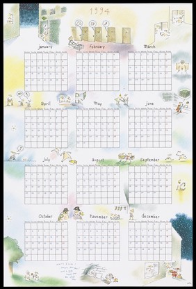 A calendar for the year 1994 by Nitka featuring cartoon scenes with condoms; produced by the Folkhälsoinstitutet RFSU [?]. Colour lithograph, ca. 1994.