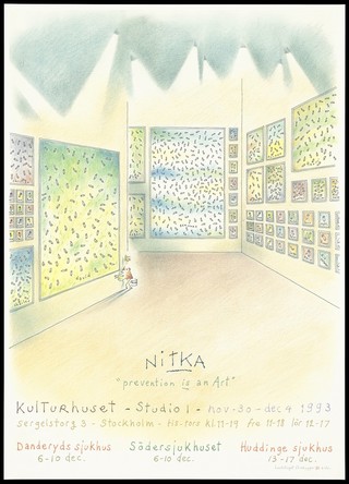 An art gallery with paintings featuring condoms and the names of men; advertising an art exhibition on AIDS prevention. Colour lithograph after L. Nitka for Landstinget förebygger AIDS, 1993.