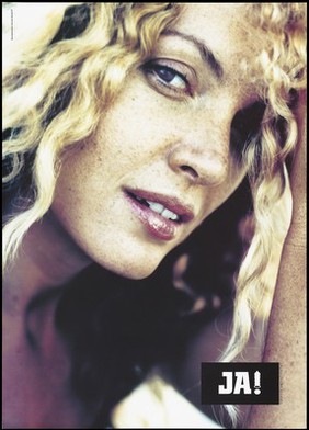 The face of a blonde-haired woman with freckles up close; German version in a series of AIDS prevention advertisements entitled 'Yes' by Folkhälsoinstitutet. Colour lithograph by Nina Vestlund & Co and Anti Wendel, ca. 1995.