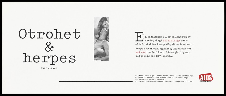 A man lying back on a woman with the title 'Otrohet & herpes' with a warning about the dangers of infidelity and STDs like herpes in Swedish. Colour lithograph, ca. 1995.