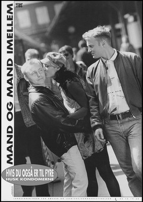 A woman kissing a man who is looking at another man passing by with a reminder to gay and bisexual men to use condoms; a safe sex and AIDS prevention advertisement for gay and bisexual men by the Landsforeningen for Bøsser og Lesbiske. Lithograph by Robin Skjoldborg, ca. 1995.