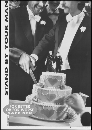 A gay couple cutting their wedding cake; a safe sex and AIDS prevention advertisement for gay and bisexual men by the Landsforeningen for Bøsser og Lesbiske. Lithograph by Robin Skjoldborg, ca. 1995.