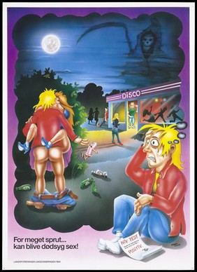 A man sitting down looking upset because of a positive HIV test result beside him; he remembers the night he had unprotected sex with a woman outside a disco; a safe sex and AIDS prevention advertisement by the Landsforeningen Ungdomsringen. Colour lithograph by Robert Lindvig, 1994.