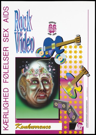 A man's face with his brain revealed and wired to a guitar with video cassettes; an advertisement for an AIDS benefit rock video competition by the Landsforeningen Ungdomsringen. Colour lithograph by Leo Svendsen, ca. 1995.