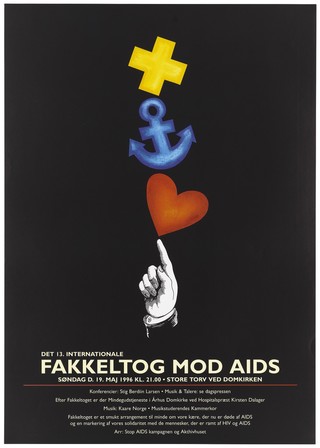 A hand pointing to a red heart above which is balanced a blue anchor and above that a yellow cross representing an advertisement for the 13th International AIDS conference on 19th May 1996 in Denmark, Fakkeltog Mod AIDS. Colour lithograph, 1994.