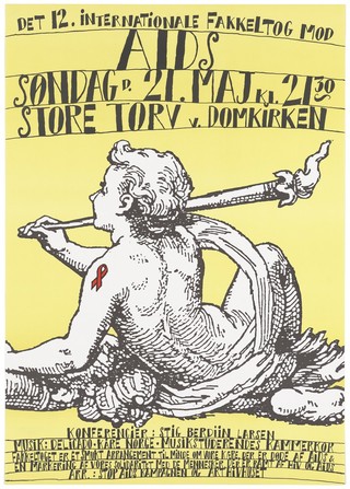 A genius lying back holding a torch with the AIDS red ribbon attached to his shoulder, advertising the 12th International Conference on AIDS on 21 May [1995] organised by the Stop AIDS Kampgagnen og AktHIVhuset. Colour lithograph, ca. 1995.