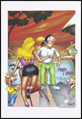 The back view of a woman in a skimpy black skirt and pink high heels who points to a bowl of condoms bearing the label 'sikker sex' (safer sex) before a man who empties his pockets to find he has no money to pay for them; a safe sex and AIDS prevention advertisement by the Landsforeningen Ungdomsringen. Colour lithograph by Robert Lindvig, 1993.