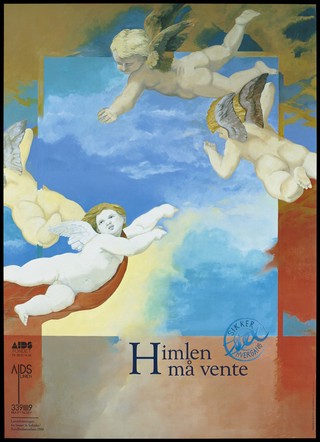 'Quatre Putti', four winged angels floating against a blue sky, an illustration by Philippe Barnier representing a safe-sex advertisement for Landsforeningen for bøsser & lesbiske/Sundhedsstyrelsen (The Danish National Association of Gays & Lesbians). Colour lithograph by Peter Willersted and Keszler Fotosats, 1988.
