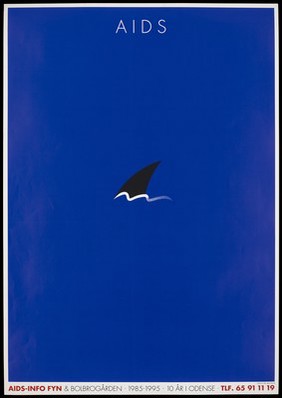 A shark's fin protruding out of a blue ocean with the words 'AIDS' above representing the dangers of AIDS; an advertisement to mark the tenth anniversary of the Danish AIDS Information system in Odense. Colour lithograph after P. Arnoldi, ca. 1995.
