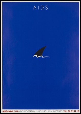 A shark's fin protruding out of a blue ocean with the words 'AIDS' above representing the dangers of AIDS; an advertisement to mark the tenth anniversary of the Danish AIDS Information system in Odense. Colour lithograph after P. Arnoldi, ca. 1995.