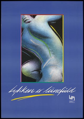 Two twisted bodies entwined with stippled shading and coloured lines with the message 'happiness is unpredictable'; an AIDS prevention advertisement for the Frederiksberg Kommune AIDS-sekretariatet. Colour lithograph by Per Folkver for Ragnarok and Lena Untidt for Art Factory, ca. 1988.
