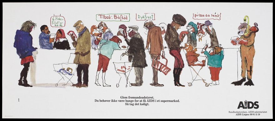 A supermarket freezer counter from which a variety of people shop including a diver in full protective gear with the reassuring message 'Forget frog/diving equipment. Do not be afraid of getting AIDS in a supermarket. So take it cool'; an advertisement for the AIDS-sekretariatet, Sundhedsstyrelsen. Colour lithograph by Freddy Pedersen/Laursen, ca. 1995.