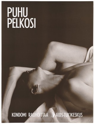 A man lying with one arm covering his head next to his partner; a safe-sex and AIDS prevention advertisement for the AIDS-Tukikeskus, the AIDS support centre by the Finnish AIDS Council. Colour lithograph, ca. 1995.