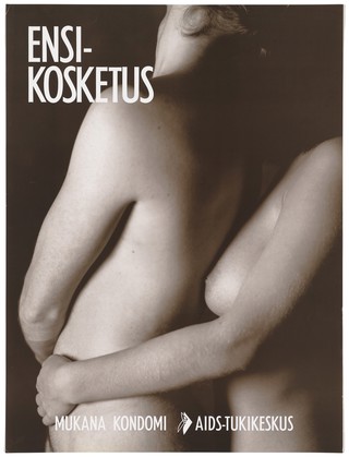 A naked woman putting her arm around a naked man representing a safe-sex and AIDS prevention advertisement for the AIDS-Tukikeskus, the AIDS support centre by the Finnish AIDS Council. Colour lithograph, ca. 1995.