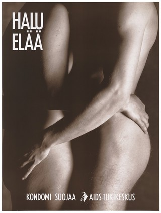 The naked bodies of a man and woman embracing with the message 'the desire to live'; a safe-sex and AIDS prevention advertisement for the AIDS-Tukikeskus, the AIDS support centre by the Finnish AIDS Council. Colour lithograph, ca. 1995.