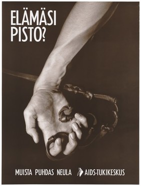 A man's hand gripping onto a leather strap used to inject drugs with the message 'remember clean needles'; an AIDS prevention advertisement for the AIDS-Tukikeskus, the AIDS support centre by the Finnish AIDS Council. Colour lithograph, ca. 1995.