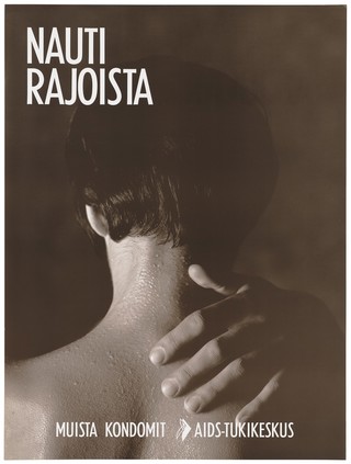 A man's hand on the back of the damp neck of another man with the message 'remember condoms'; a safe sex and AIDS prevention advertisement for the AIDS-Tukikeskus, the AIDS support centre by the Finnish AIDS Council. Colour lithograph, ca. 1995.