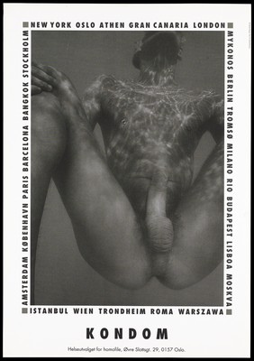 A man with a pierced nipple immersed in water with his legs open to reveal his penis; a safe sex and AIDS prevention advertisement for condoms by the Helseutvalget for Homofile, Gay and Lesbian Health Norway. Lithograph by Fin Serck-Hanssen and En-Garde Design, ca. 1995.