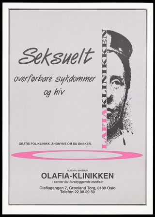 The face of a woman half obscured by the vertical lettering Lafla Klinikken; an advertisement for a clinic for sexually transmitted diseases and HIV in Oslo. Colour lithograph, ca. 1995.