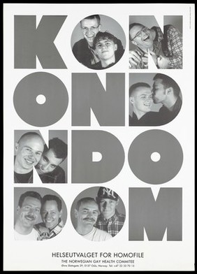 The faces of five gay couples within the letters of the word 'Kondom' repeated; representing a safe-sex and AIDS prevention advertisement by the Helseutvalget For Homofile, the Norwegian Gay and Health Committte. Lithograph by Fin-Serck-Hanssen and Tron Hirsti, ca. 1995.