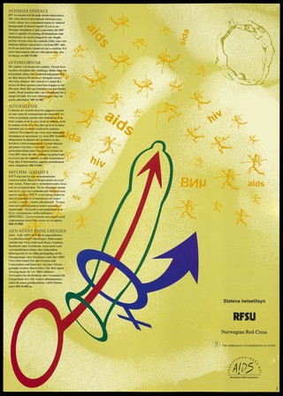 The green outline of a condom inside which the male symbol points upwards representing the man's penis next to the symbol for bisexuality; a safe-sex and AIDS prevention advertisement by the RFSU, Norwegian Red Cross, The Norwegian Confederation of Sports and the Norwegian AIDS Association. Colour lithograph, ca. 1995.