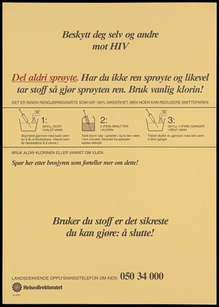 Three numbered diagrams on how to sterilise needles with the message to protect yourself and others against HIV; an AIDS prevention advertisement by the Folkehelsa Statens Institutt for Folkehelse (Norwegian Institute of Public Health). Colour lithograph, ca. 1995.