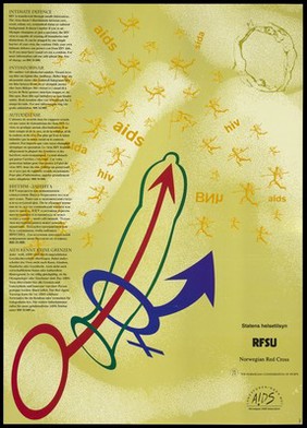 The green outline of a condom inside which the male symbol points upwards representing the man's penis next to the symbol for bi-sexuality; a safe-sex and AIDS prevention advertisement by the RFSU, Norwegian Red Cross, The Norwegian Confederation of Sports and the Norwegian AIDS Association. Colour lithograph, ca. 1990's.