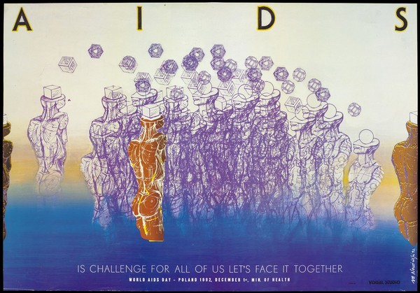 Geometrical purple figures forming a crowd facing a single brown figure; advertising World AIDS Day on 1 December 1992 by the Ministry of Health in Poland. Colour lithograph by M. Nowiński, 1992.