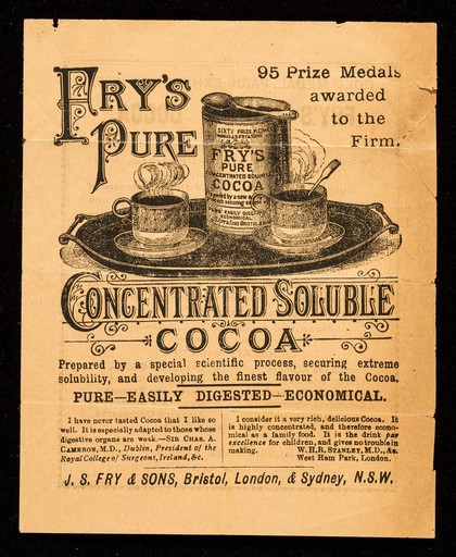 Fry's pure concentrated soluble cocoa : prepared by a special scientific process, securing extreme solubility, and developing the finest flavour of the cocoa / J.S. Fry & Sons.