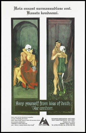 Two partially skeleton couples embrace representing the risk of death from AIDS; the winning poster by Mirjam Kongi from a competition entited 'Teenagers and Health' organised by the Estonian "Anti-AIDS" Association. Colour lithograph, ca.