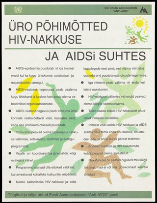 Pastel-coloured figures float amidst leaf shapes against a backdrop of bullet point text describing the United Nations Principles of HIV infection; an advertisement by the Estonian Association "Anti-AIDS". Colour lithograph, 1994.