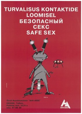 A figure with condoms as antennae and a condom hanging between his legs with a three eyed figure beyond; an advertisement in Estonian and Russian by the Estonian Association "Anti-AIDS". Colour lithograph by Willem Loigom and HR & Co, ca. 1995.