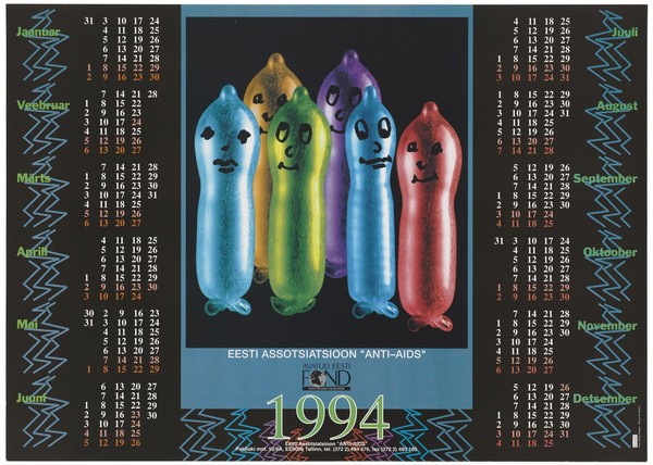 Six coloured condoms with faces drawn on them representing the centrepiece of a calendar for the year 1994 by the Estonian Association "Anti-AIDS". Colour lithograph by Kaido Haagen and Iris Kottri, 1994.
