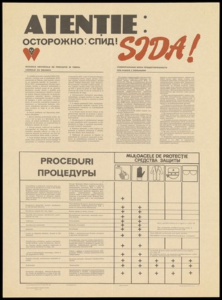 A warning about AIDS in Moldovan and Russian with a table highlighting methods of precaution; an advertisement by the Centrul Republican de Profilaxie şi combatere SIDA. Colour lithograph, 1994.