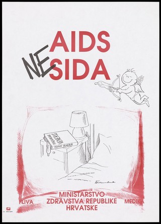 A condom hanging out of a book inscribed 'Figurae Veneris' next to a lamp on a table beside a bed with cupid about to fire a condom from his arrow; a safe sex advertisement by the Ministarstvo Zdrvsva Republike Hrvatske. Colour lithograph by Scambuk, ca. 1995.
