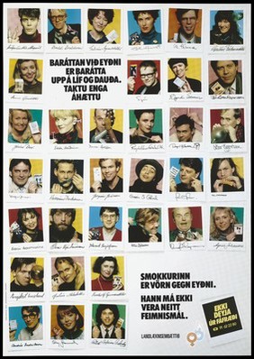Numerous named photographs of men and women each holding different brands of condoms representing a safe sex and anti-AIDS advertisment for the LandÆKNISEMBÆTTID. Colour lithograph, ca. 1987.