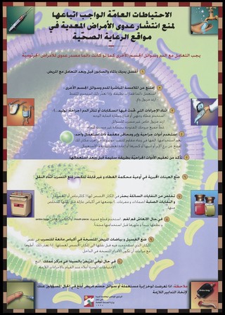 An enlarged view of the HIV virus with a list of ten points about how the virus is transmitted. Colour lithograph, 1990.