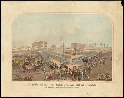 Dakota War of 1862 (Sioux Uprising): the mass hanging of Sioux Native Americans at Mankato. Colour lithograph, 1863.