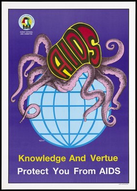 An octopus bearing the letters 'AIDS' enveloping the world representing a warning about protecting from AIDS by the Kuwait National AIDS Committee. Colour lithograph, ca. 1995.