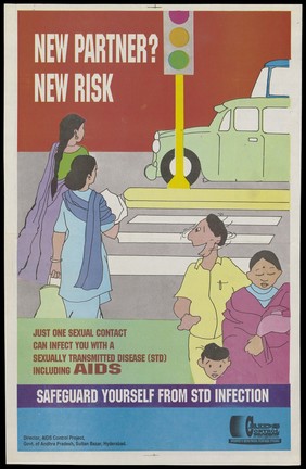 A man with his wife and family crosses a zebra crossing while swivelling his head back to admire two passing women representing a warning about the risks of new sexual partners and AIDS; an advertisement by the AIDS Control Project in Hyderabad. Colour lithograph, ca. 1990.