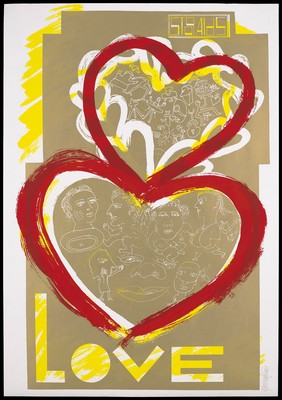 Red and yellow hearts representing AIDS and love. Colour screenprint by Rajlich Design, 1995.