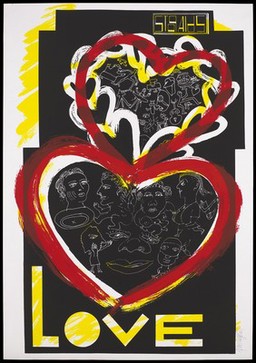 Red and yellow hearts representing AIDS and love. Colour screenprint by Rajlich Design, 1995.