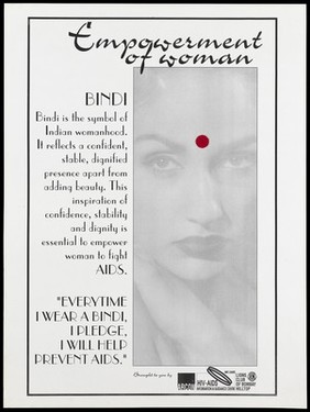 A woman with a red Bindi spot representing a pledge to fight AIDS; an advertisement by the Arcon, the Lions Club of Bombay Hilltop and the HIV/AIDS Information and Guidance Centre in Bombay. Lithograph, ca. 1996.