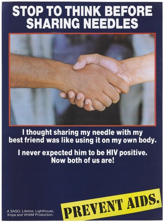 Two hands shaking with a warning about sharing needles; an AIDS prevention advertisement by SASO, Lifeline, Lighthouse, Kripa and VHAM. Colour lithograph, ca. 1997.