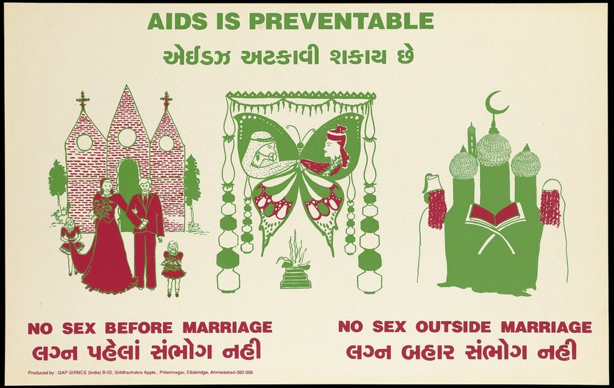 A couple just married outside a church, a butterfly emblem symbolising a Hindu wedding, and a mosque with a prayer book and two bearded men with the warning of no sex before or outside marriage; an AIDS prevention advertisement for families by GAP-SIRMCE. Colour lithograph, ca. 1996.