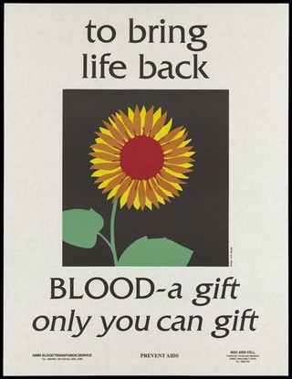 A sunflower, a symbol of bringing life back by giving blood; an AIDS prevention advertisement by the AIIMS Blood Transfusion Service and NGO AIDS Cell, New Delhi. Colour lithograph by N.R. Nanda, ca. January 1994.