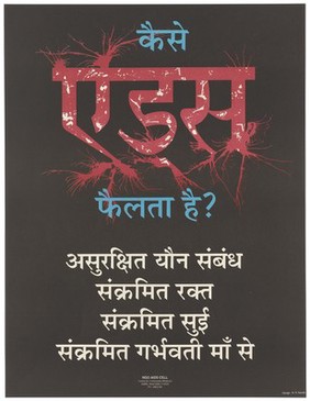 A message about how AIDS spreads with the word 'AIDS' in letters with red blood vessel-like roots; an AIDS prevention advertisement for the NGO AIDS Cell Centre for Community Medicine in New Delhi. Colour lithograph, 1993.