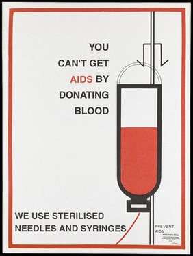 A blood transfusion bag representing an advertisement for sterilisation of needles and syringes to prevent AIDS; by the NGO AIDS Cell Centre for Community Medicine in New Delhi. Colour lithograph by Ayuha (?), ca. December 1992.